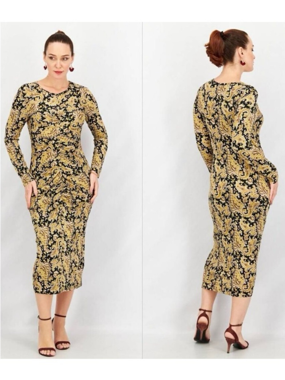 Joie Aja Long Sleeve Golden Hour Paisley Ruched Midi Stretch Dress New